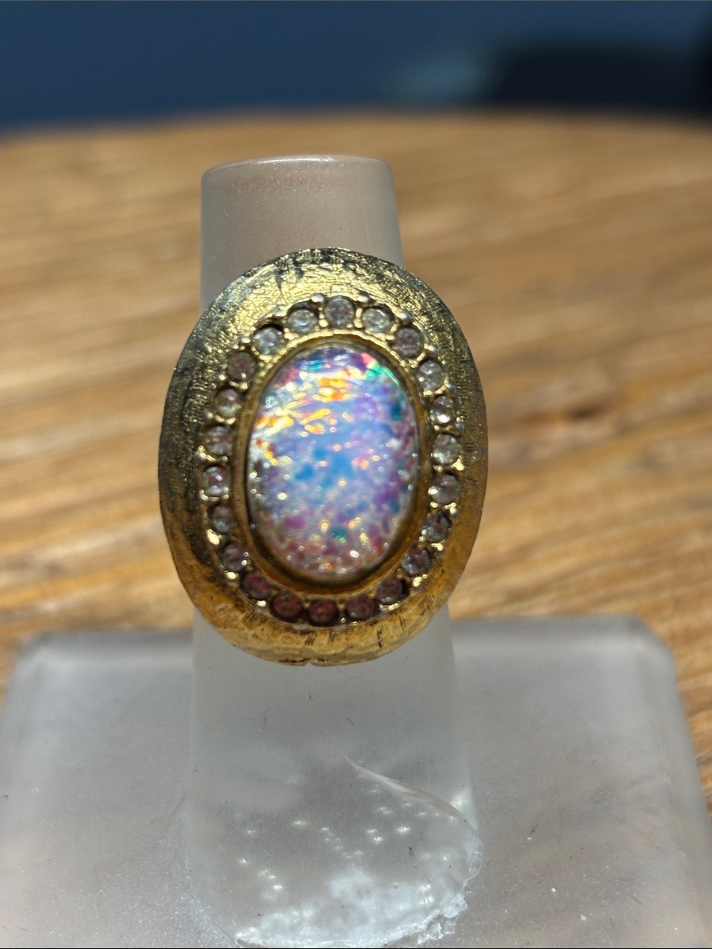 Iridescent Opal Cabochon Vintage Oval Gold Tone Cocktail Ring - 6